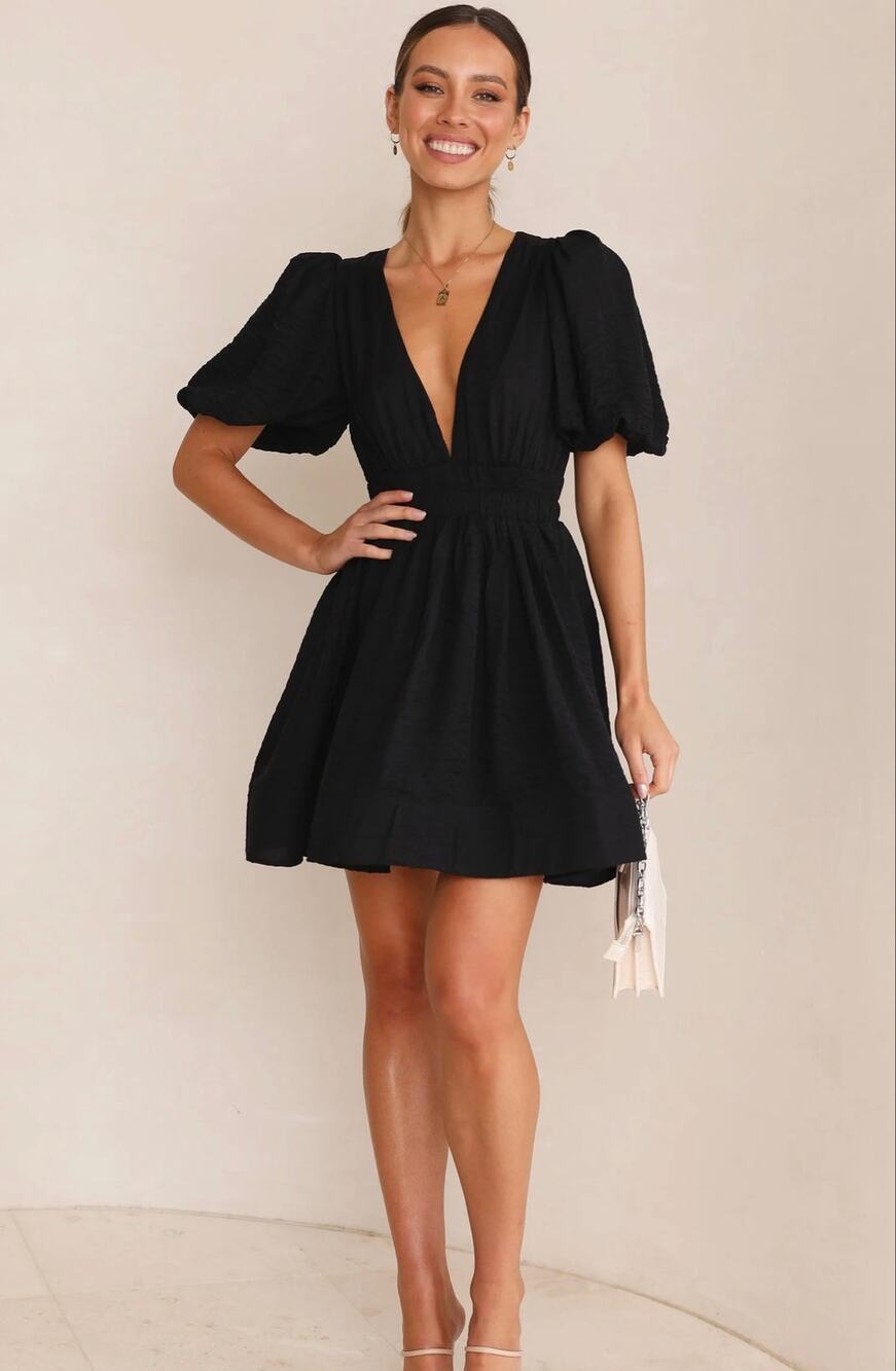 Billy J Erin Mini Dress Black Sz 16 Plus AU20 V-Neck Puff Sleeve Smocked Waist